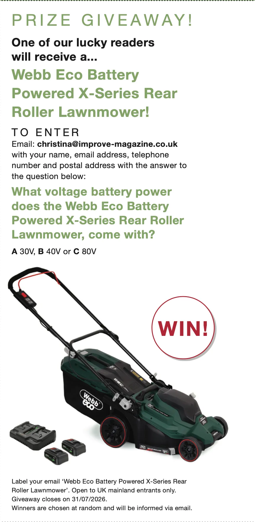 Webb Eco battery-powered rear roller lawnmower
