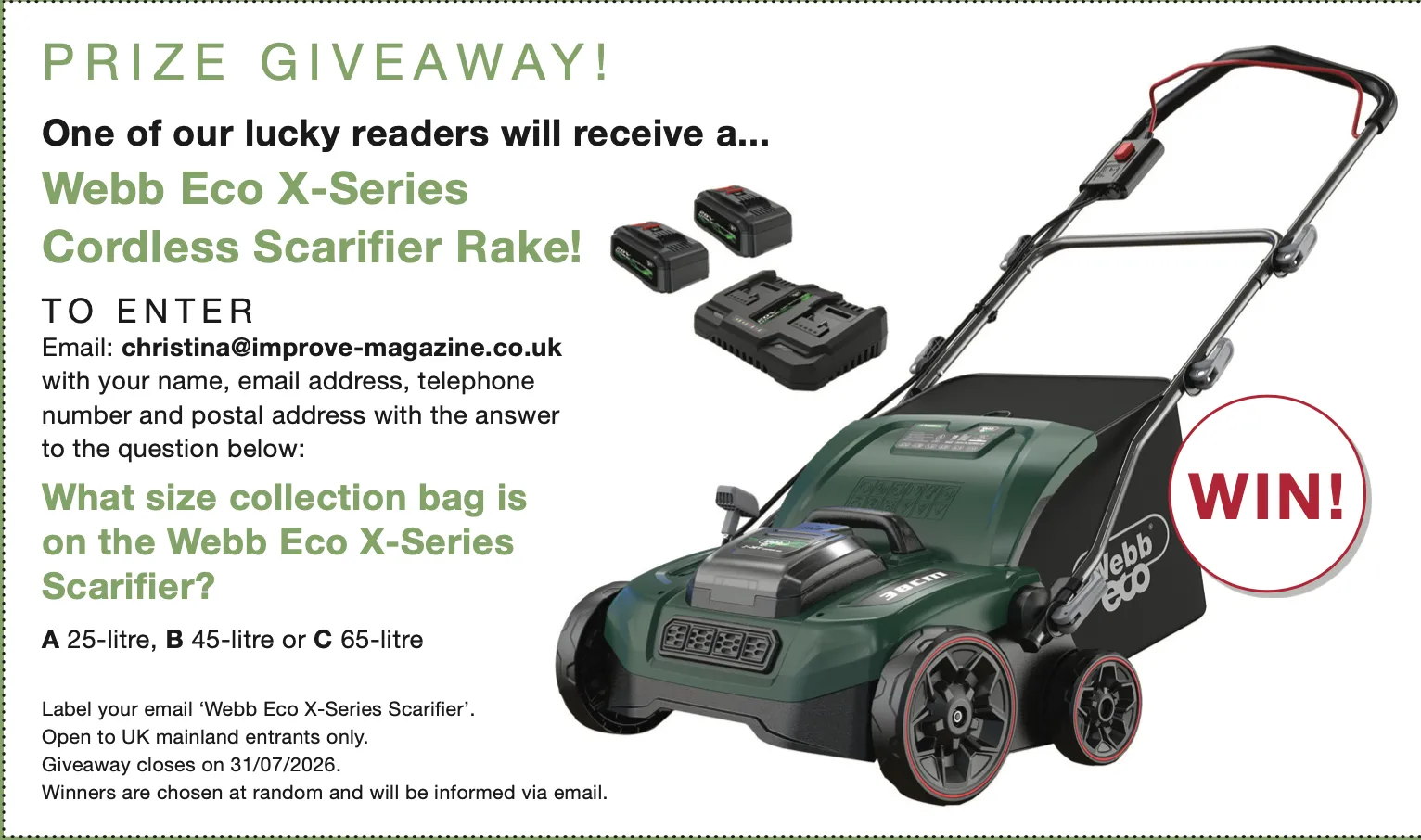 Webb Eco X-Series cordless scarifier rake